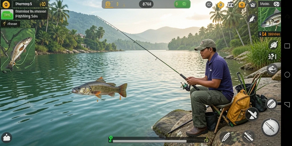 Tampilan gameplay 8768 dengan berbagai lokasi dan ikan menarik.