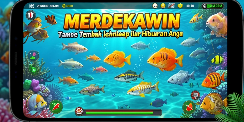 Tangkapan layar gameplay seru dalam MERDEKAWIN, menunjukkan aksi tembak ikan.