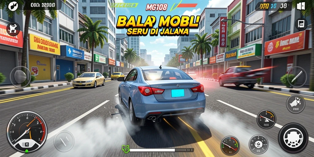 Tampilan gameplay mendebarkan dari MG108 dengan mobil yang melaju kencang.