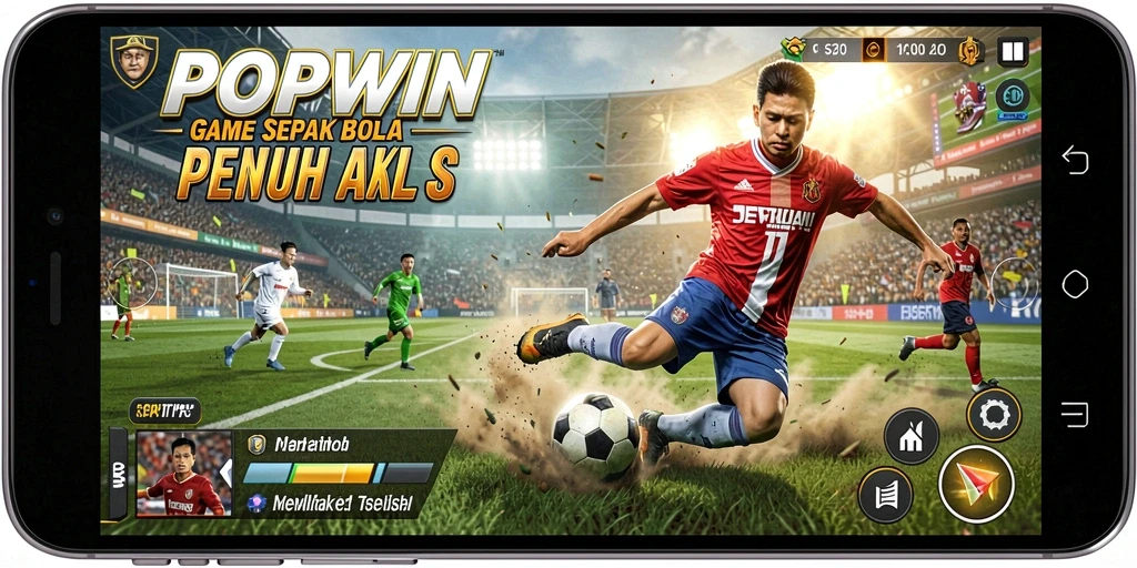 Screenshot utama POPWIN memperlihatkan aksi seru di lapangan sepak bola.