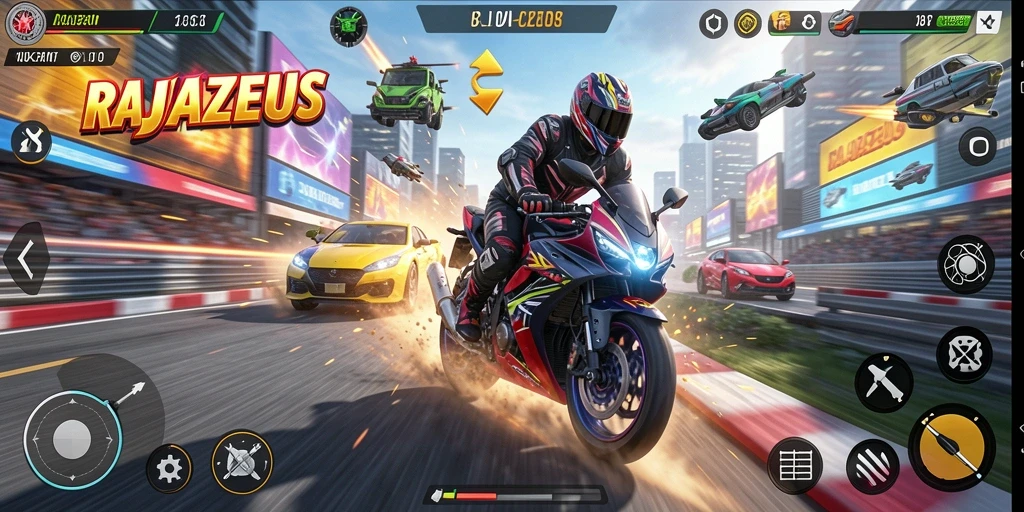 Tampilan menegangkan balapan motor di RAJAZEUS dengan trek yang menantang.