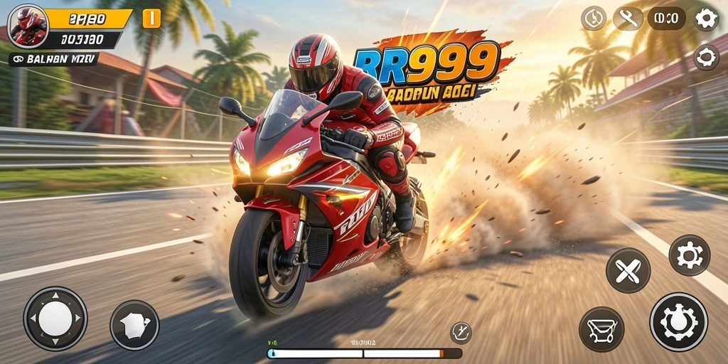 Screenshot gameplay RR999 yang menunjukkan balapan motor yang mendebarkan.