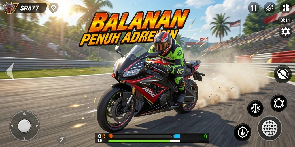 Tampilan gameplay menegangkan dengan balapan motor cepat.